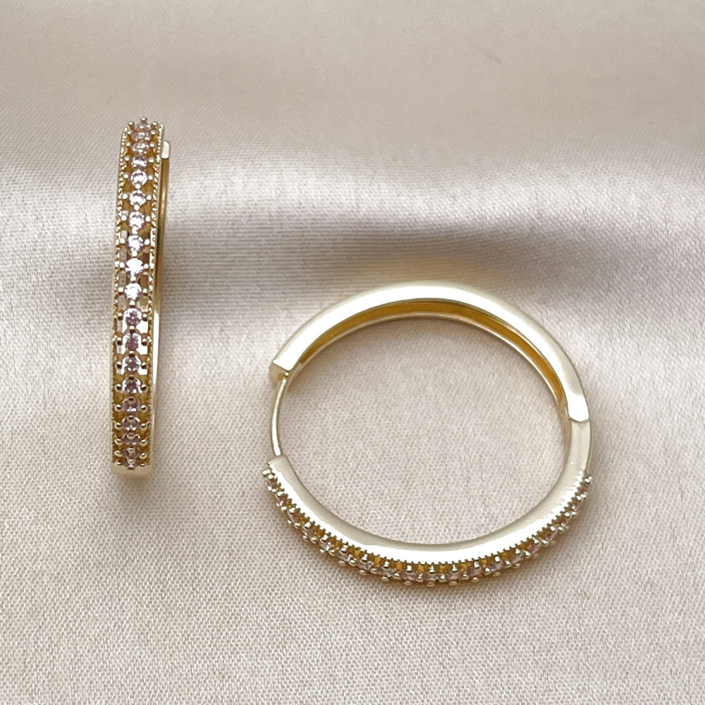 Oro Laminado Huggie Hoop, Gold Filled Style with Pink Cubic Zirconia, Polished, Golden Finish