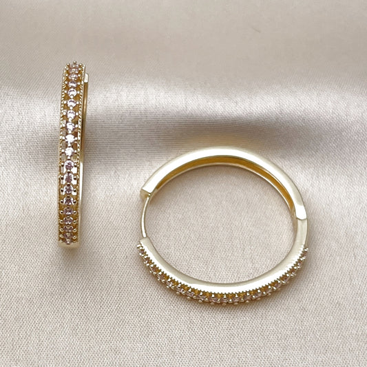 Oro Laminado Huggie Hoop, Gold Filled Style with Pink Cubic Zirconia, Polished, Golden Finish