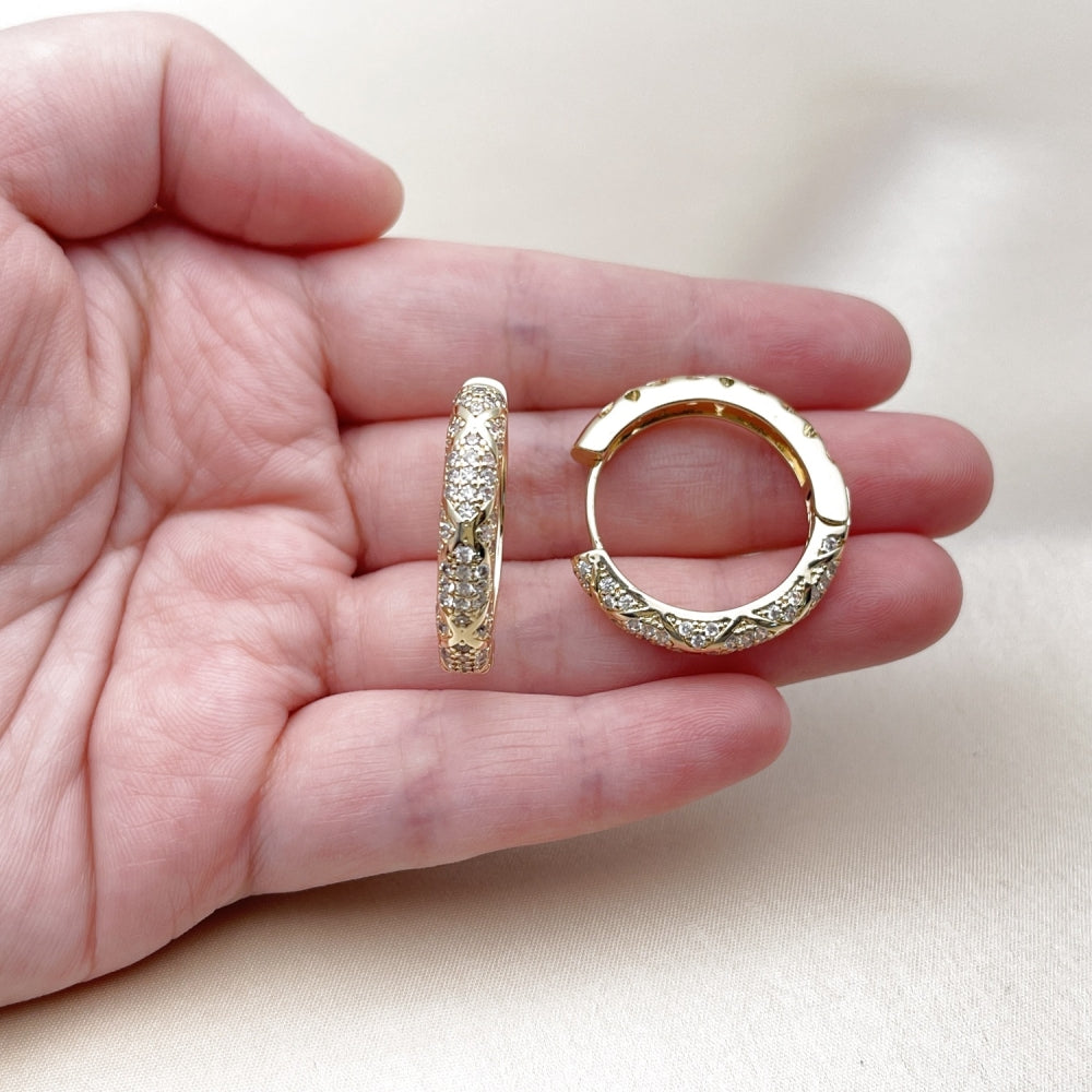 Oro Laminado Huggie Hoop, Gold Filled Style with White Cubic Zirconia, Polished, Golden Finish