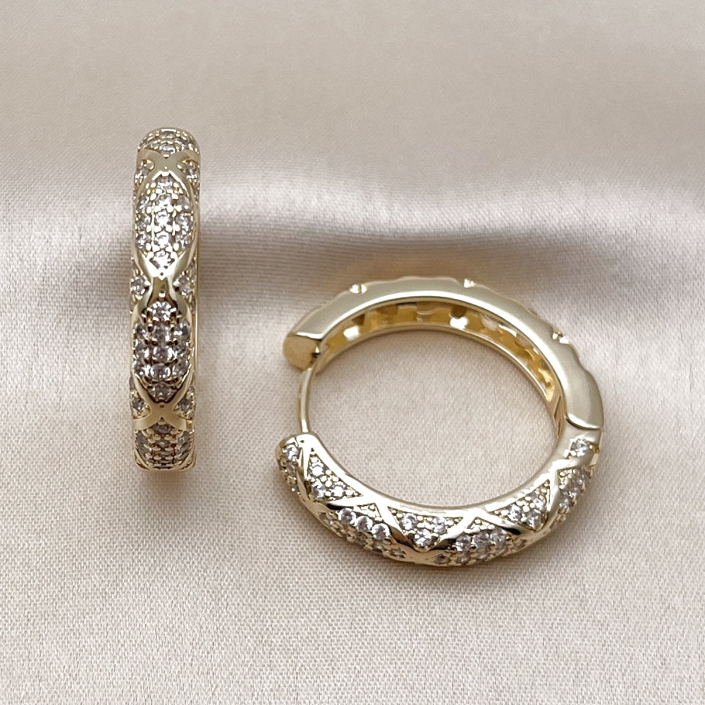 Oro Laminado Huggie Hoop, Gold Filled Style with White Cubic Zirconia, Polished, Golden Finish