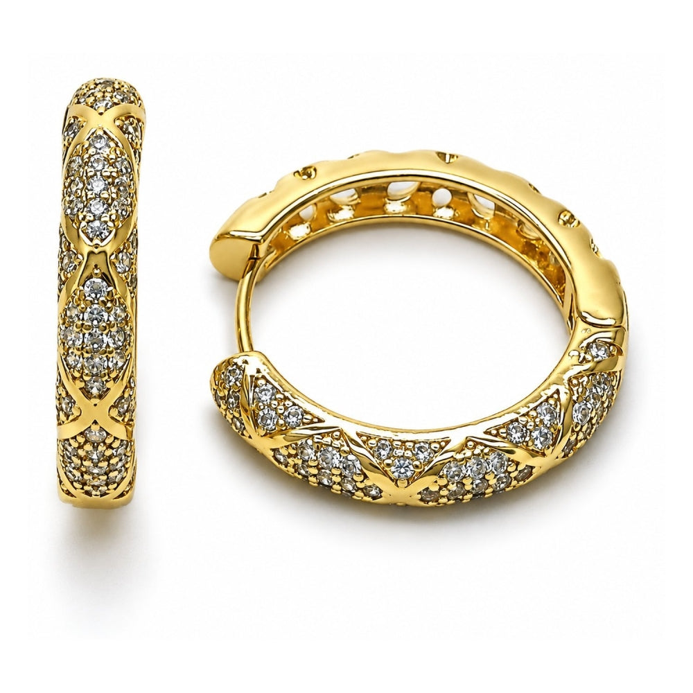 Oro Laminado Huggie Hoop, Gold Filled Style with White Cubic Zirconia, Polished, Golden Finish