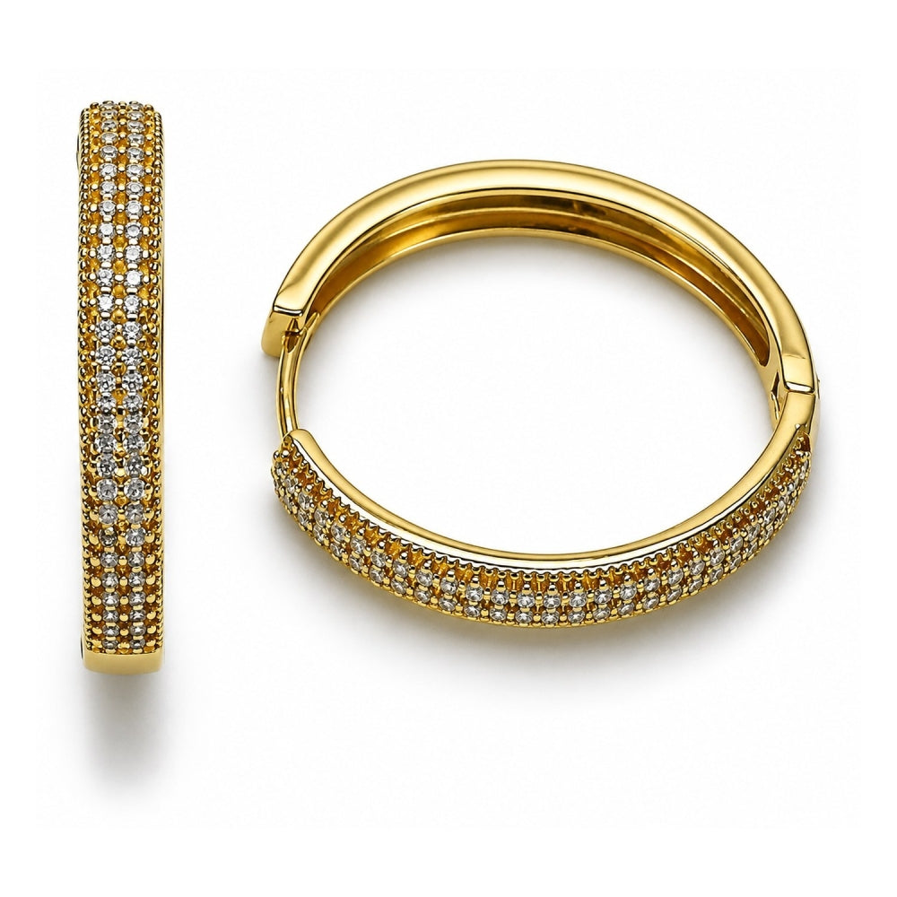 Oro Laminado Huggie Hoop, Gold Filled Style with White Cubic Zirconia, Polished, Golden Finish