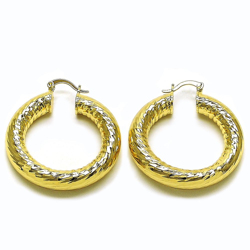 Oro Laminado Medium Hoop, Gold Filled Style Hollow Design, Diamond Cutting Finish, Golden Finish