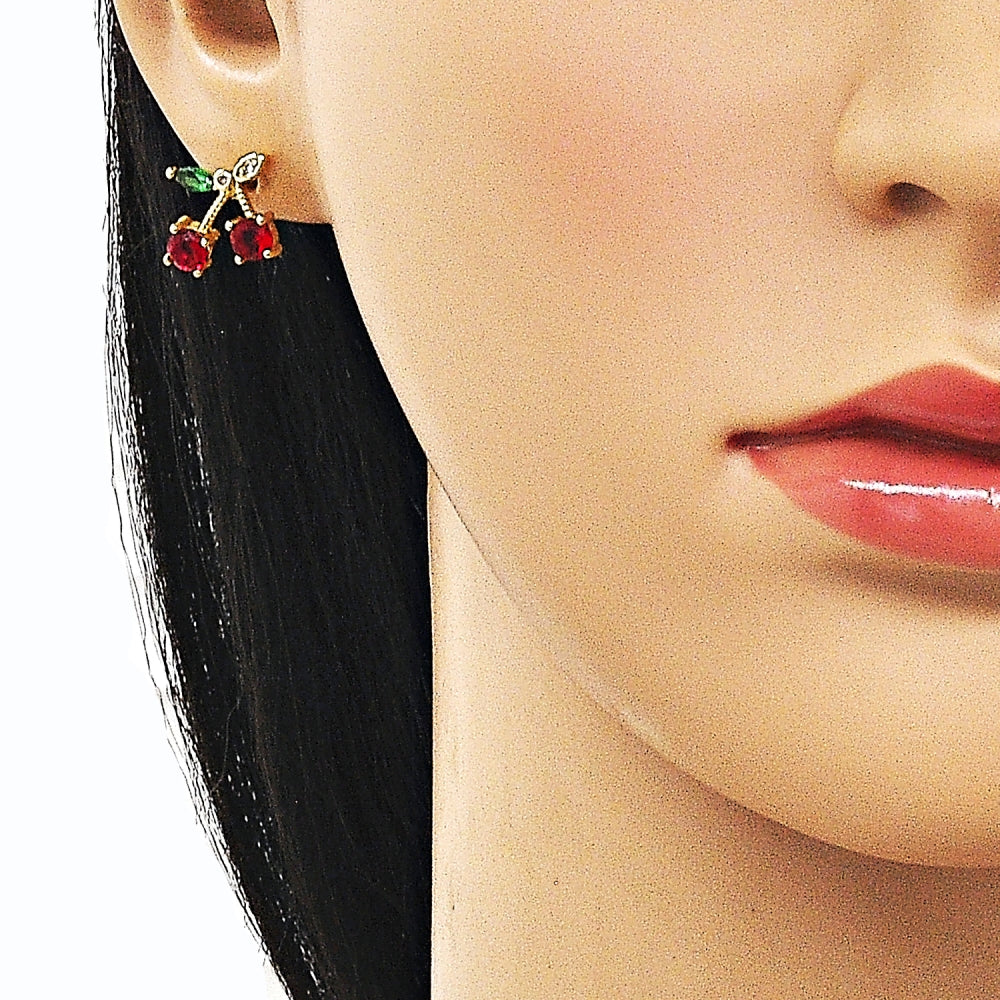 Oro Laminado Stud Earring, Gold Filled Style Cherry Design, with Garnet and Green Cubic Zirconia, Polished, Golden Finish