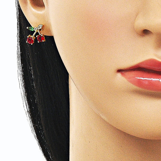 Oro Laminado Stud Earring, Gold Filled Style Cherry Design, with Garnet and Green Cubic Zirconia, Polished, Golden Finish
