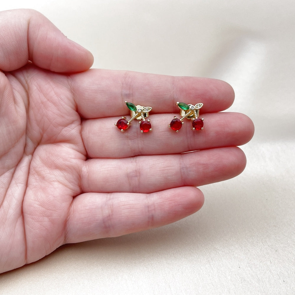 Oro Laminado Stud Earring, Gold Filled Style Cherry Design, with Garnet and Green Cubic Zirconia, Polished, Golden Finish