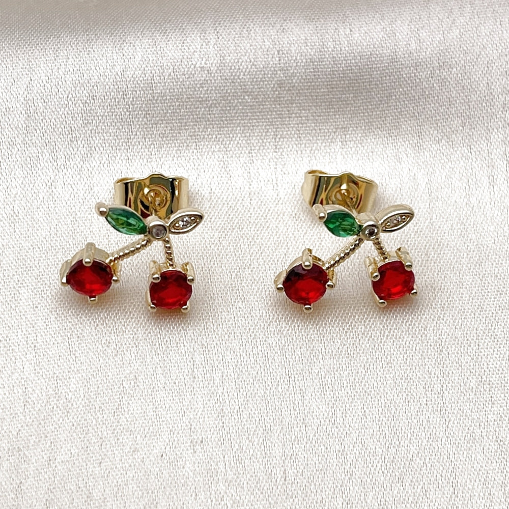 Oro Laminado Stud Earring, Gold Filled Style Cherry Design, with Garnet and Green Cubic Zirconia, Polished, Golden Finish