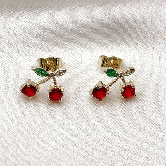 Oro Laminado Stud Earring, Gold Filled Style Cherry Design, with Garnet and Green Cubic Zirconia, Polished, Golden Finish