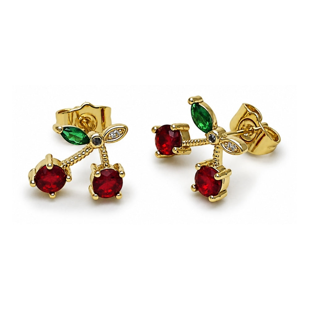 Oro Laminado Stud Earring, Gold Filled Style Cherry Design, with Garnet and Green Cubic Zirconia, Polished, Golden Finish