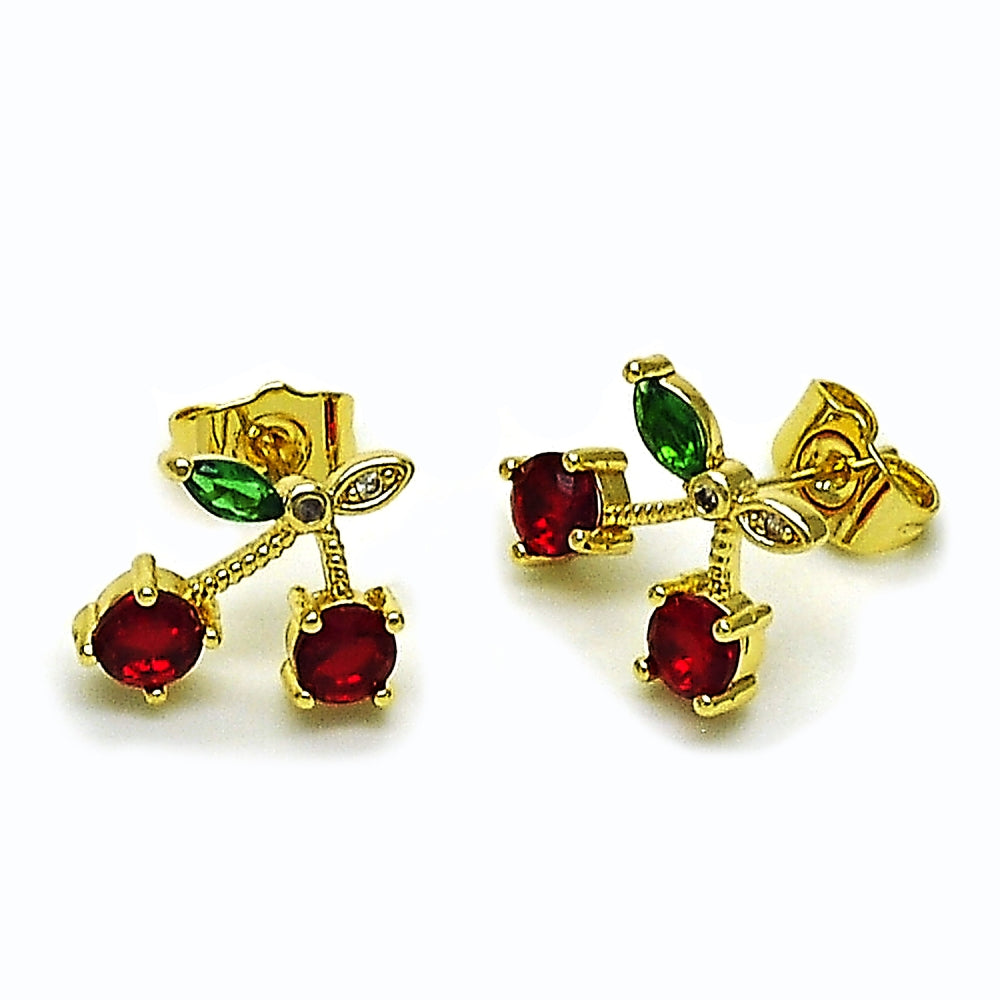 Oro Laminado Stud Earring, Gold Filled Style Cherry Design, with Garnet and Green Cubic Zirconia, Polished, Golden Finish
