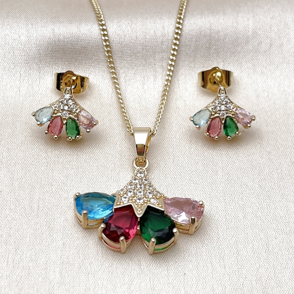 Oro Laminado Earring and Pendant Adult Set, Gold Filled Style Teardrop Design, with Multicolor and White Cubic Zirconia, Polished, Golden Finish