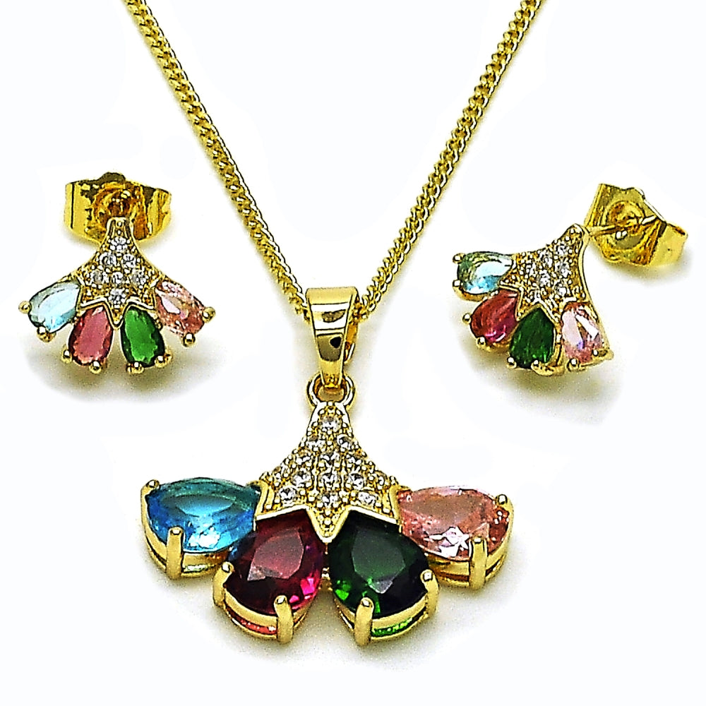 Oro Laminado Earring and Pendant Adult Set, Gold Filled Style Teardrop Design, with Multicolor and White Cubic Zirconia, Polished, Golden Finish