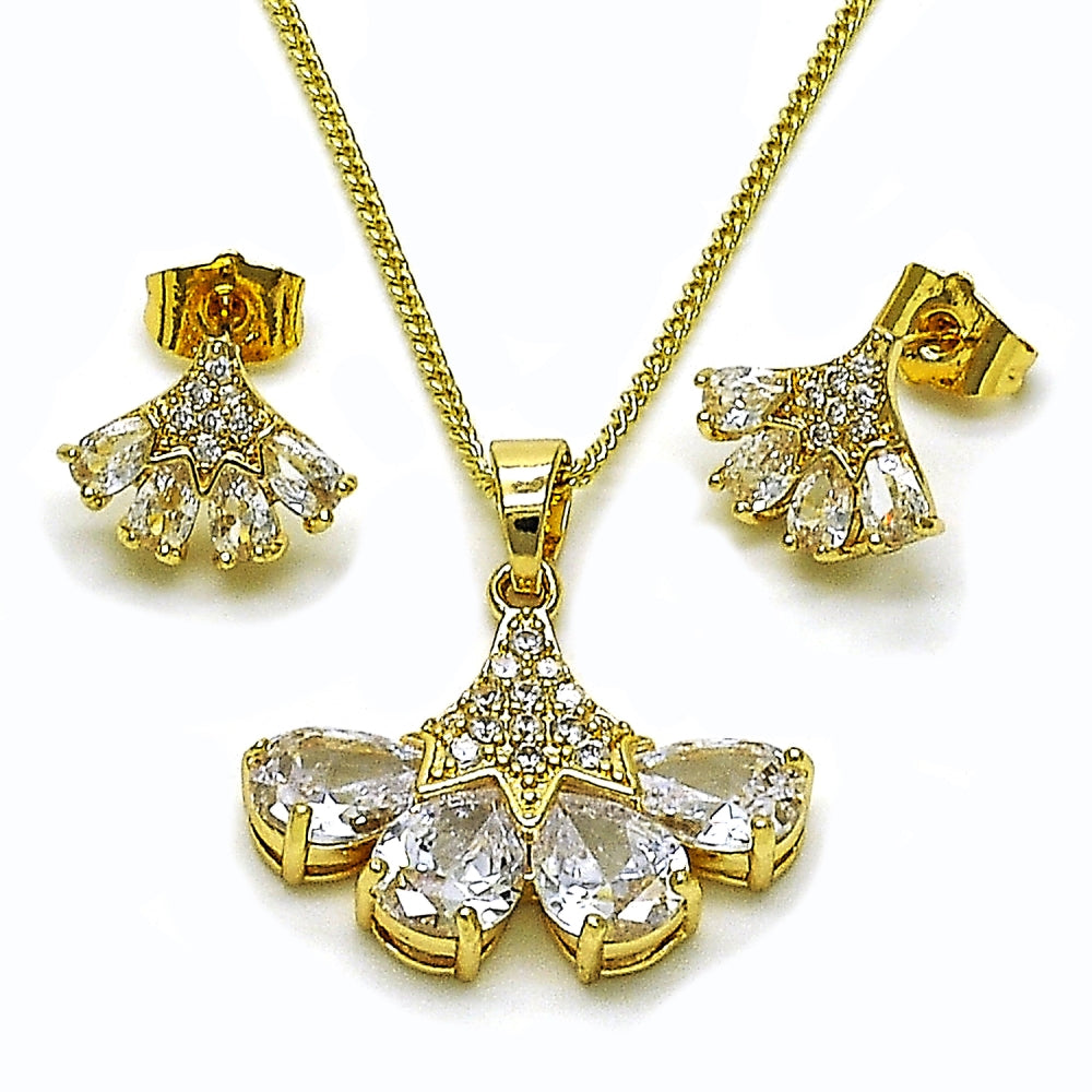 Oro Laminado Earring and Pendant Adult Set, Gold Filled Style Teardrop Design, with White Cubic Zirconia, Polished, Golden Finish