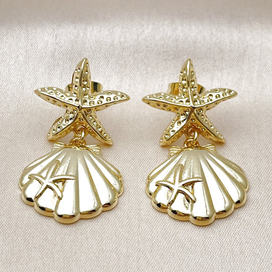 Oro Laminado Stud Earring, Gold Filled Style Shell and Star Design, Polished, Golden Finish