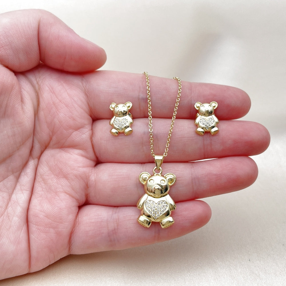 Oro Laminado Earring and Pendant Adult Set, Gold Filled Style Teddy Bear and Heart Design, with White Micro Pave, Polished, Golden Finish
