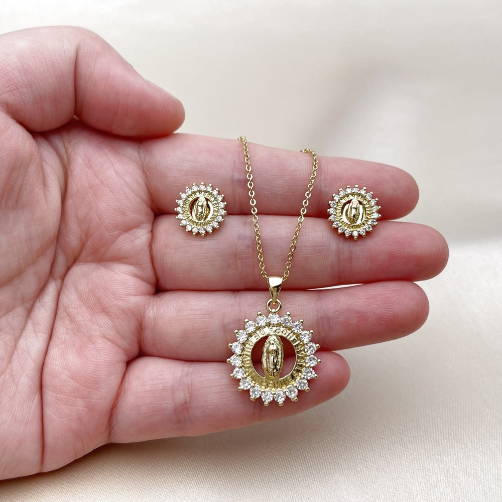 Oro Laminado Earring and Pendant Adult Set, Gold Filled Style Guadalupe Design, with White Cubic Zirconia, Polished, Golden Finish
