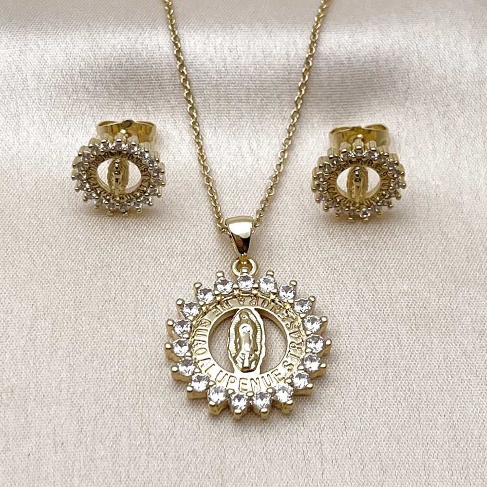 Oro Laminado Earring and Pendant Adult Set, Gold Filled Style Guadalupe Design, with White Cubic Zirconia, Polished, Golden Finish
