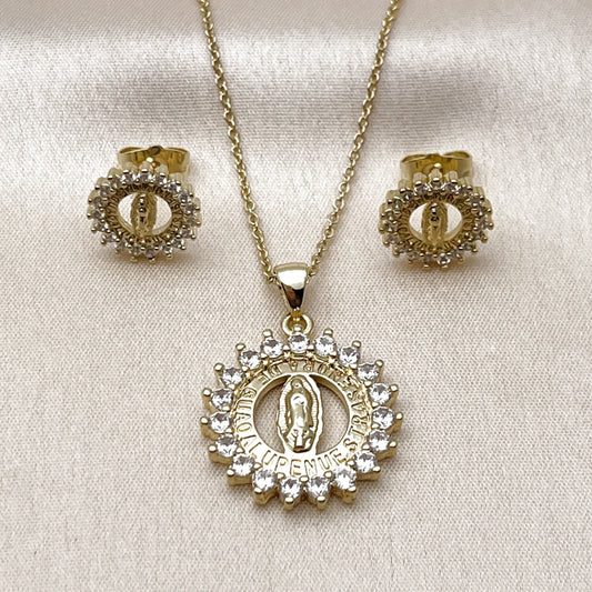 Oro Laminado Earring and Pendant Adult Set, Gold Filled Style Guadalupe Design, with White Cubic Zirconia, Polished, Golden Finish