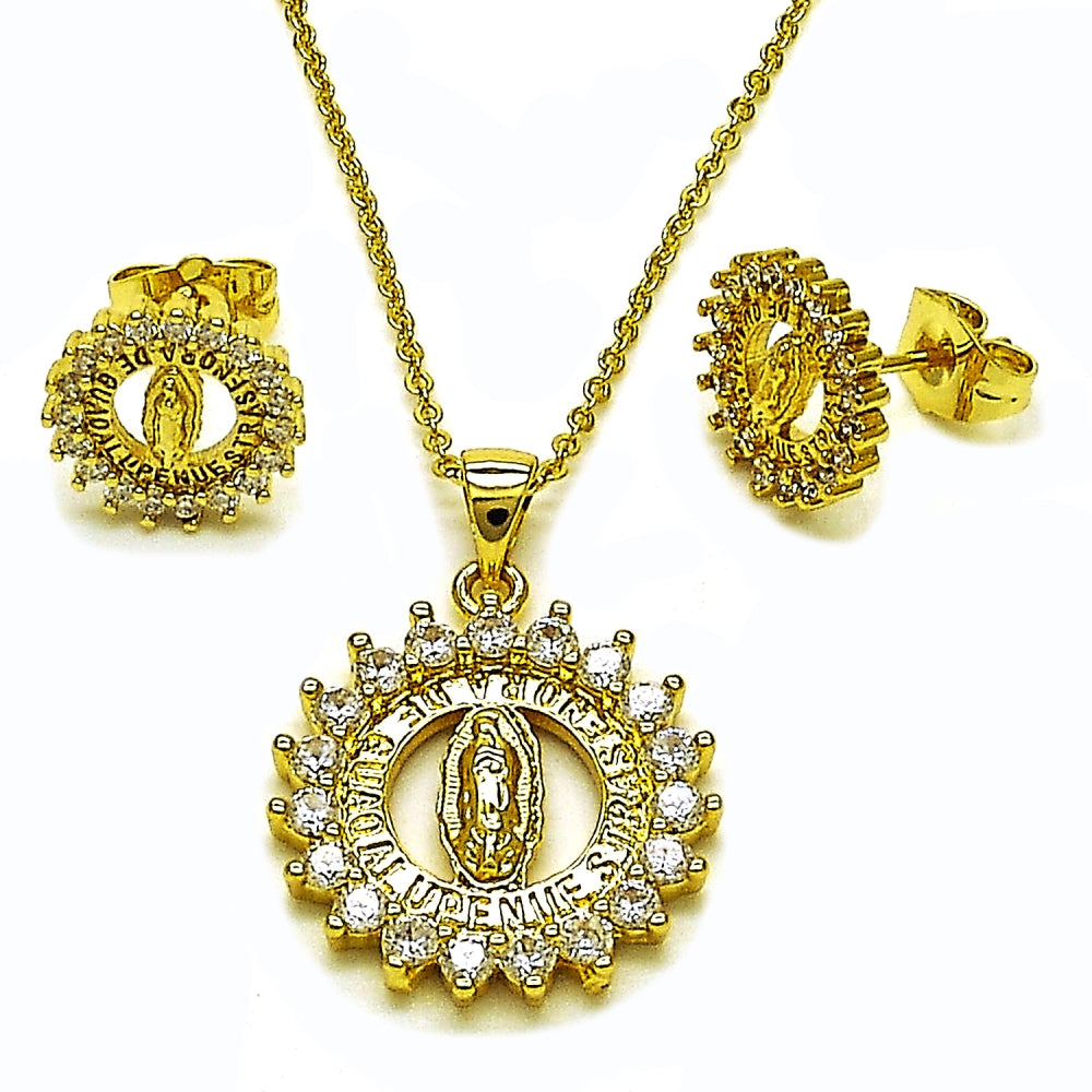 Oro Laminado Earring and Pendant Adult Set, Gold Filled Style Guadalupe Design, with White Cubic Zirconia, Polished, Golden Finish