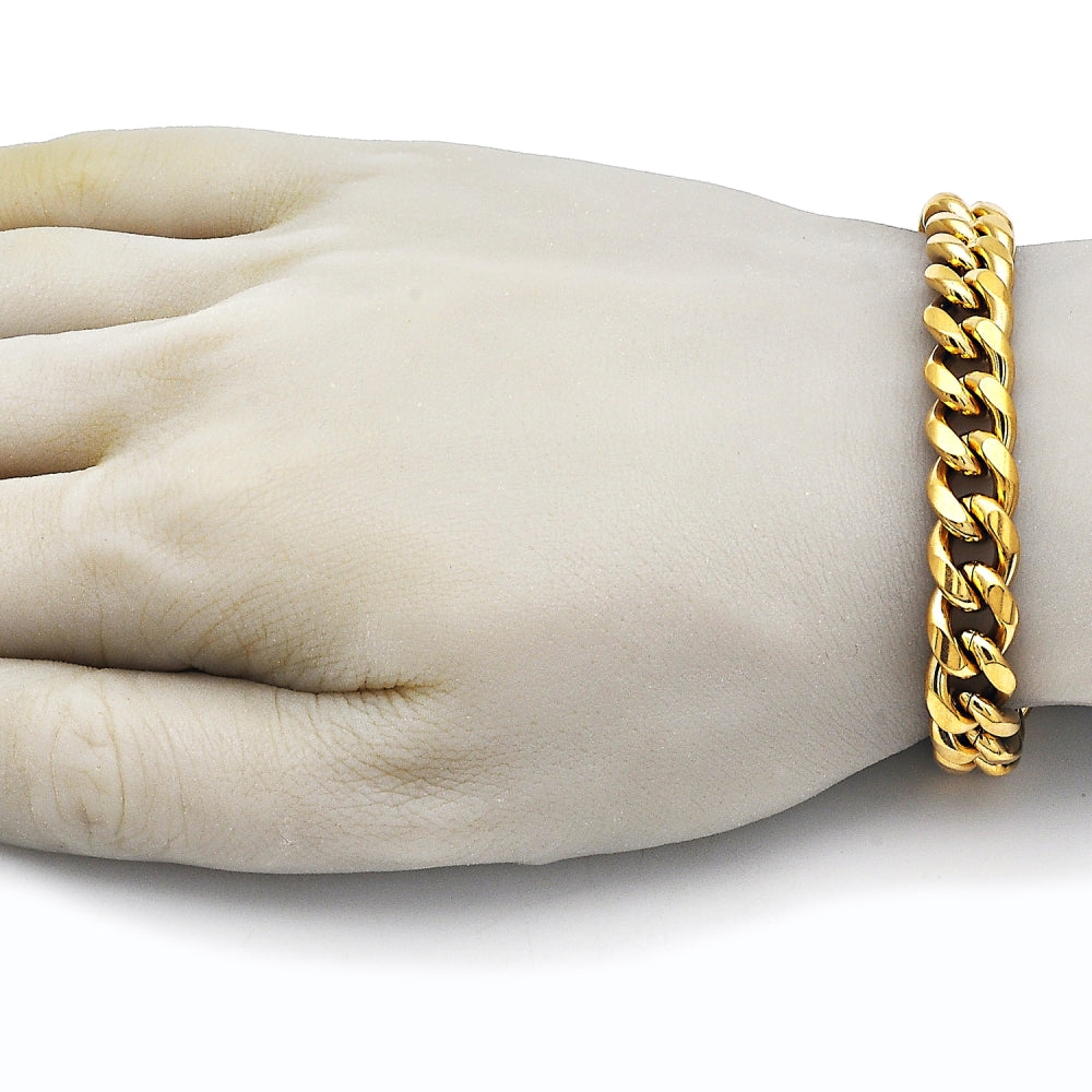 Stainless Steel Basic Bracelet, Miami Cuban Design, Polished, Golden Finish