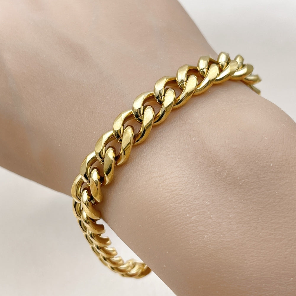 Stainless Steel Basic Bracelet, Miami Cuban Design, Polished, Golden Finish