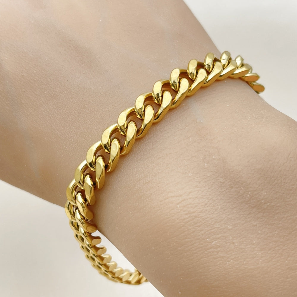 Stainless Steel Basic Bracelet, Miami Cuban Design, Polished, Golden Finish