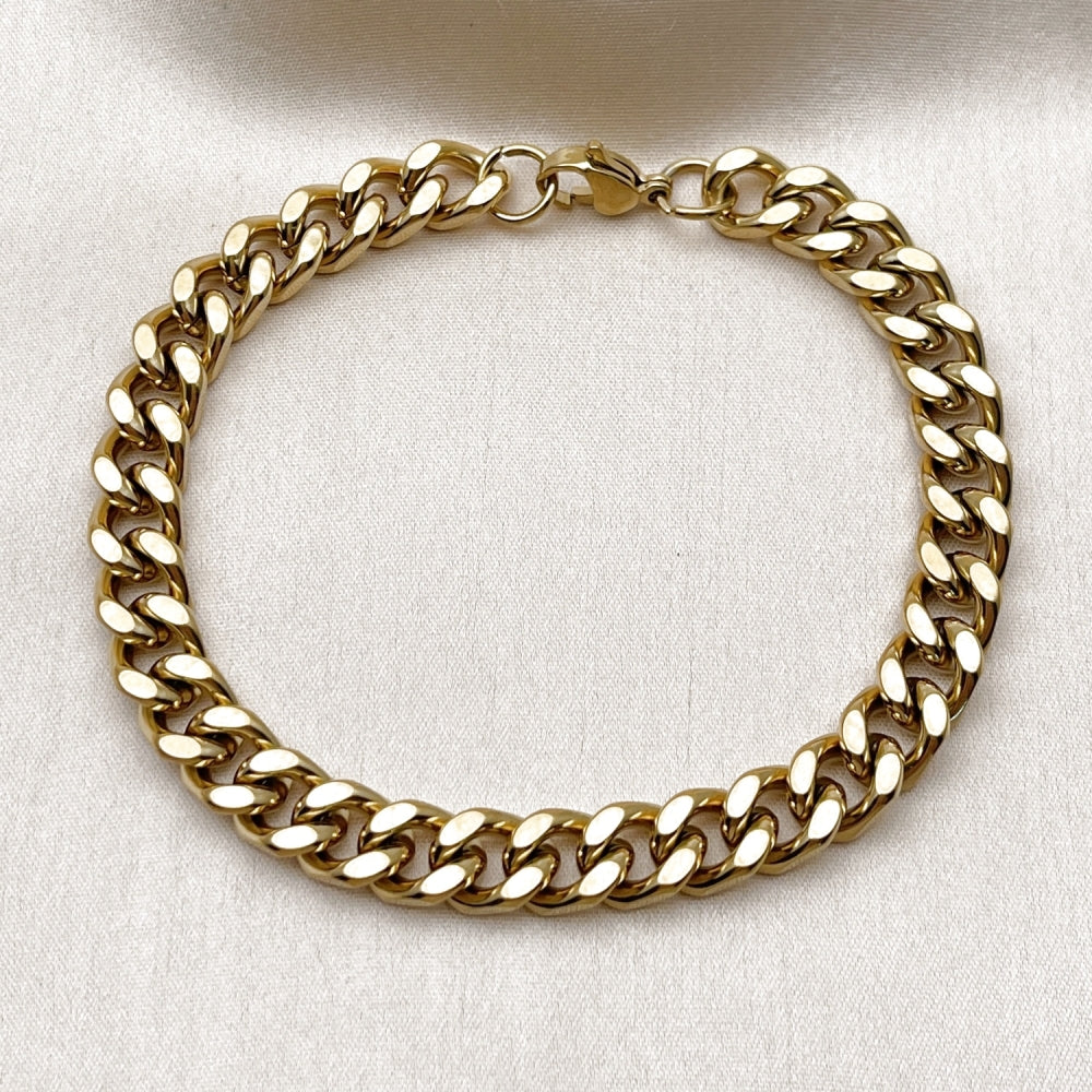 Stainless Steel Basic Bracelet, Miami Cuban Design, Polished, Golden Finish
