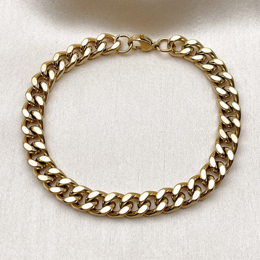 Stainless Steel Basic Bracelet, Miami Cuban Design, Polished, Golden Finish