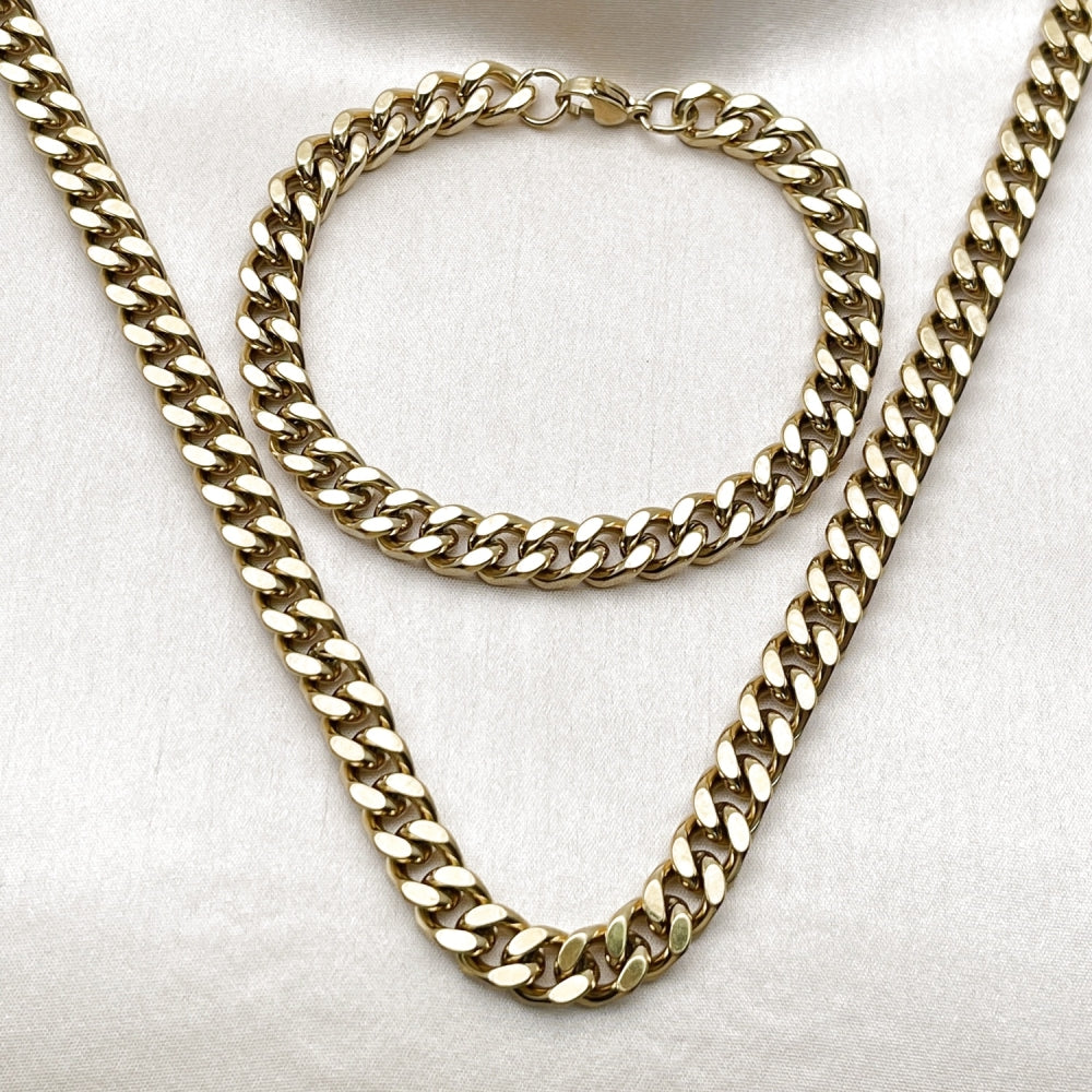Stainless Steel Necklace and Bracelet, Miami Cuban Design, Polished, Golden Finish