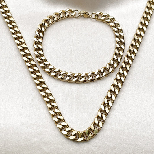 Stainless Steel Necklace and Bracelet, Miami Cuban Design, Polished, Golden Finish