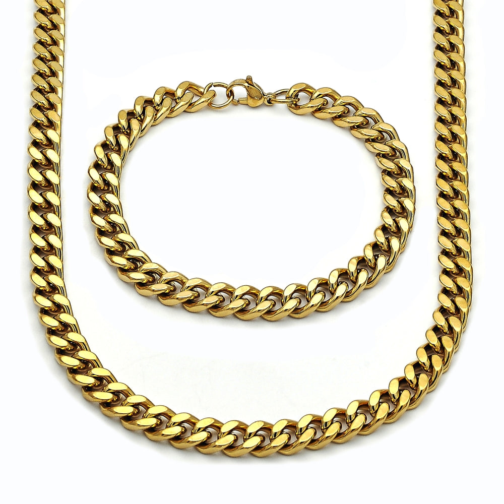 Stainless Steel Necklace and Bracelet, Miami Cuban Design, Polished, Golden Finish