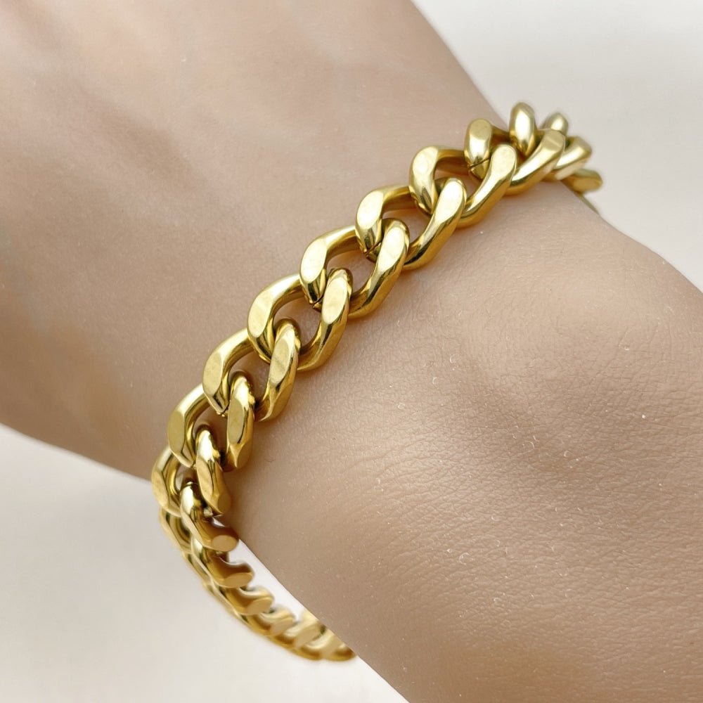 Stainless Steel Basic Bracelet, Miami Cuban Design, Polished, Golden Finish