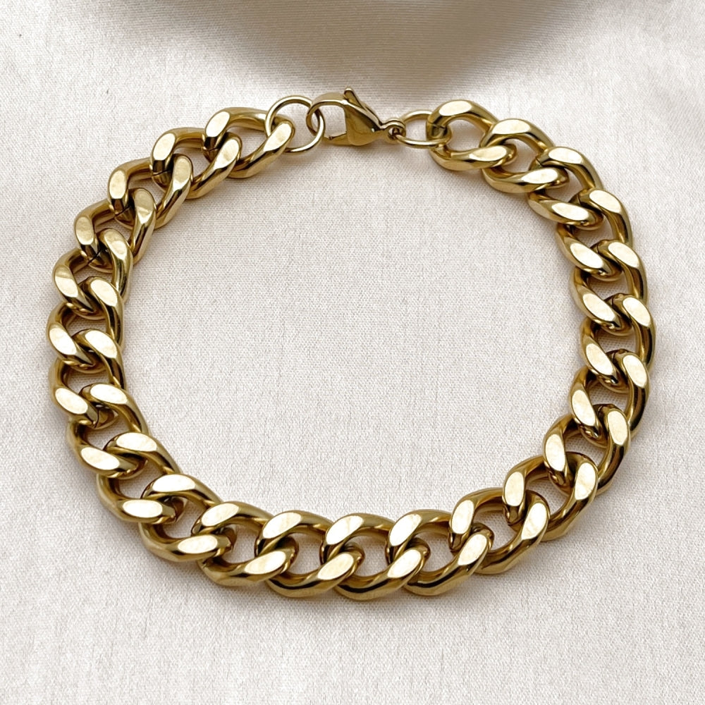 Stainless Steel Basic Bracelet, Miami Cuban Design, Polished, Golden Finish