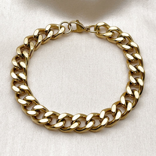 Stainless Steel Basic Bracelet, Miami Cuban Design, Polished, Golden Finish