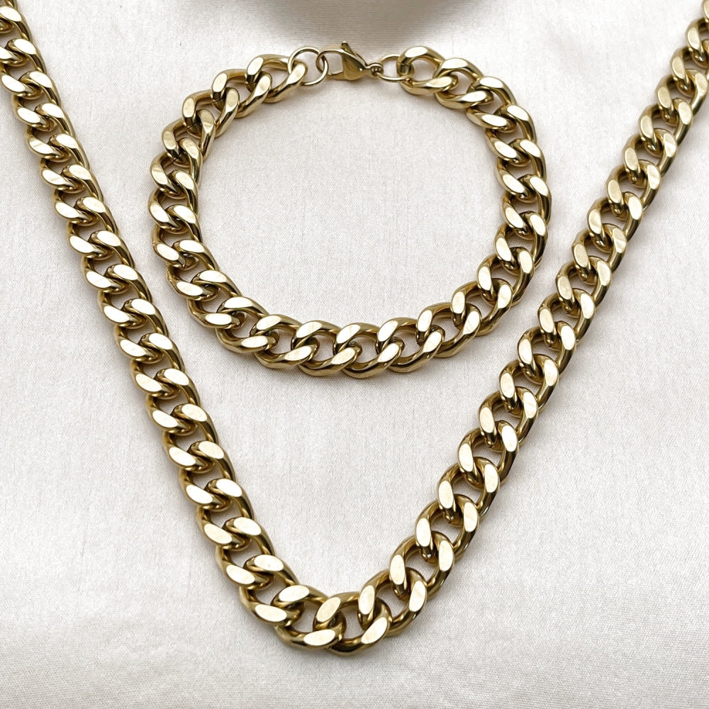 Stainless Steel Necklace and Bracelet, Miami Cuban Design, Polished, Golden Finish