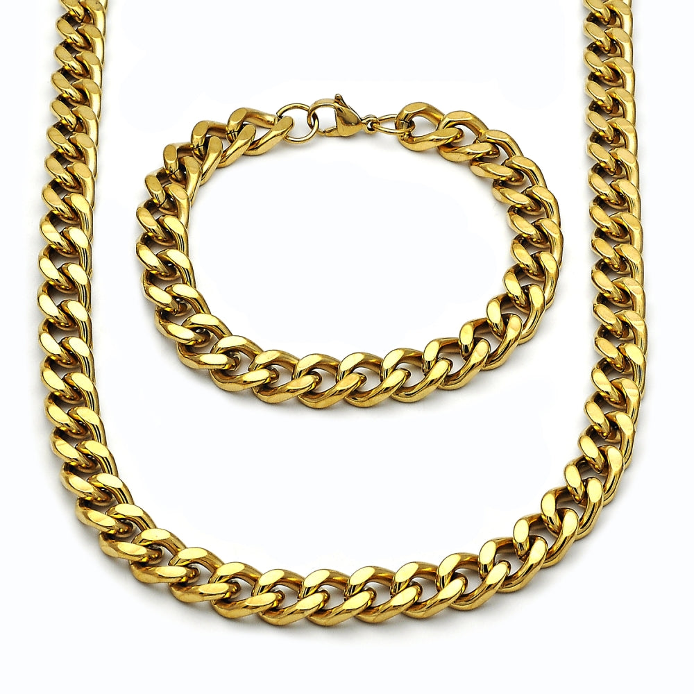 Stainless Steel Necklace and Bracelet, Miami Cuban Design, Polished, Golden Finish