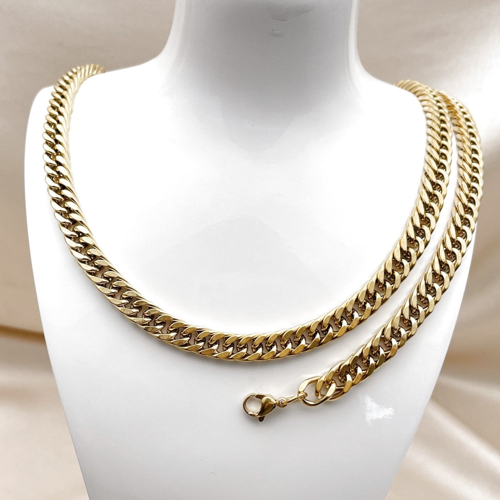 Stainless Steel Necklace and Bracelet, Miami Cuban Design, Polished, Golden Finish