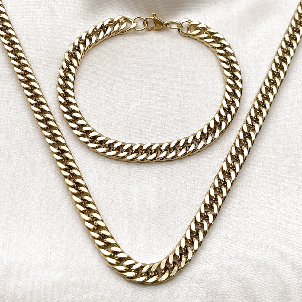 Stainless Steel Necklace and Bracelet, Miami Cuban Design, Polished, Golden Finish