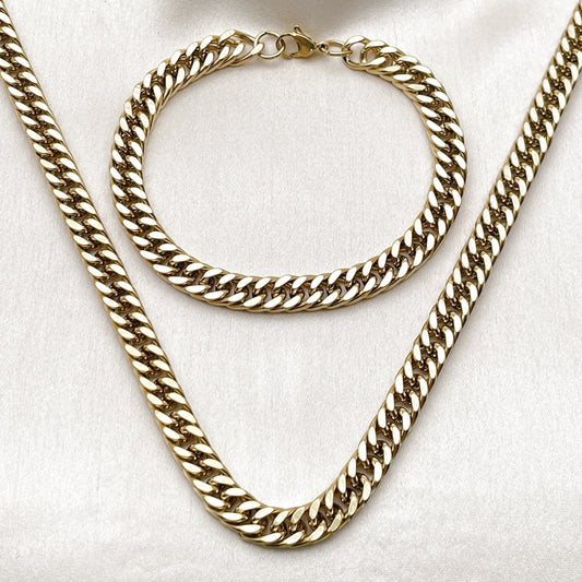 Stainless Steel Necklace and Bracelet, Miami Cuban Design, Polished, Golden Finish