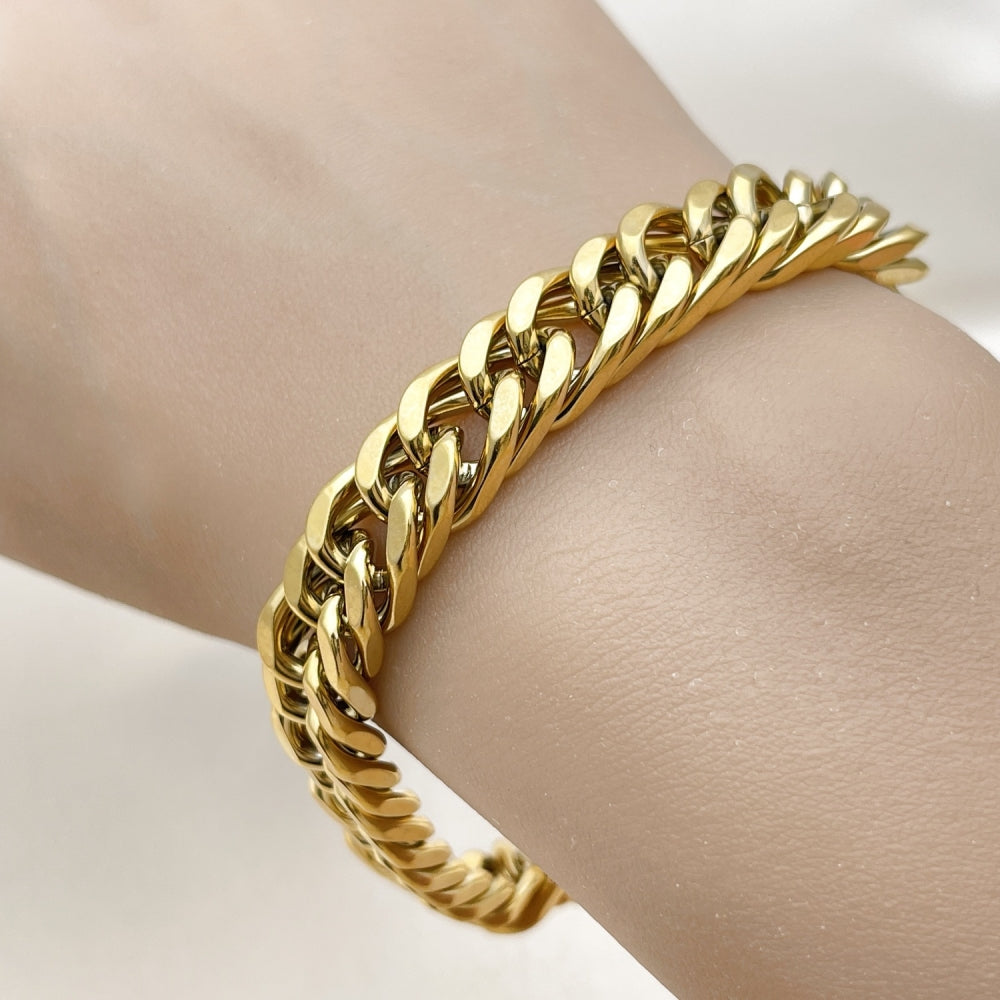 Stainless Steel Basic Bracelet, Miami Cuban Design, Polished, Golden Finish
