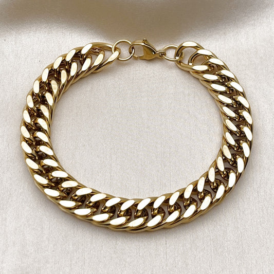 Stainless Steel Basic Bracelet, Miami Cuban Design, Polished, Golden Finish