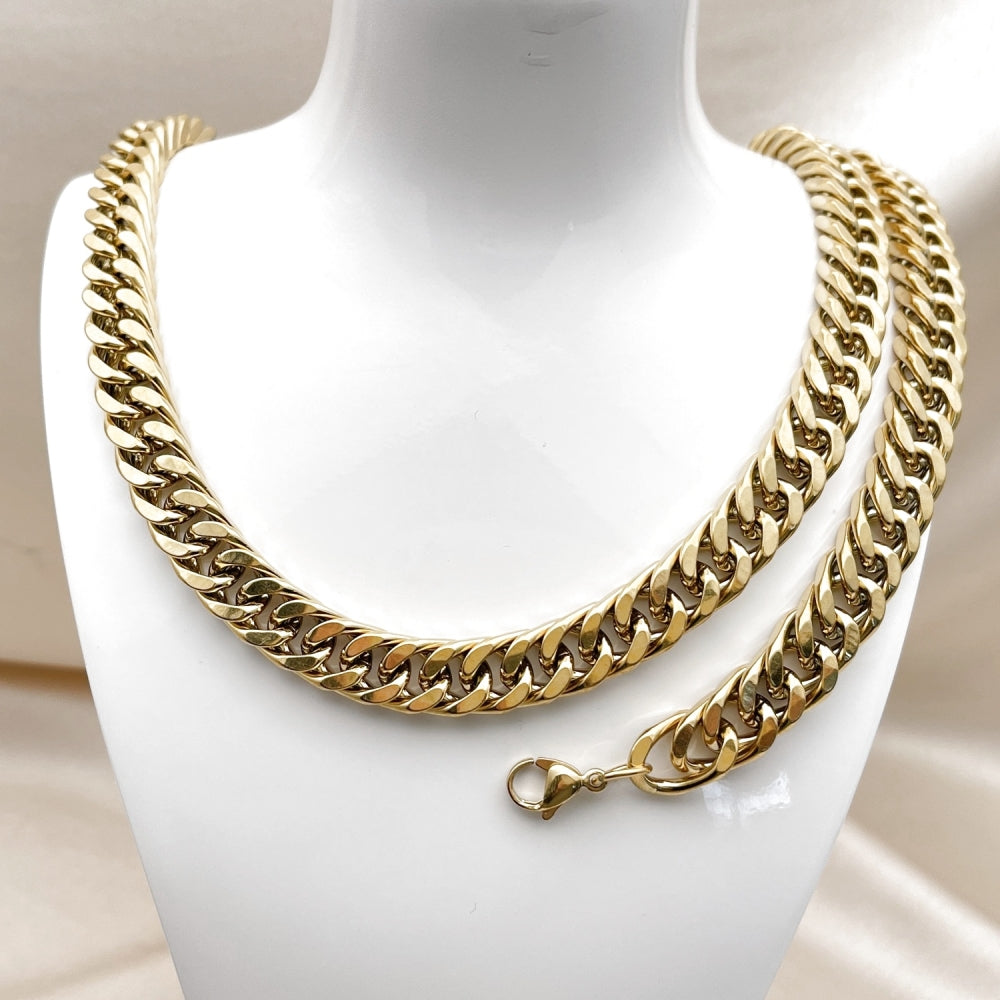Stainless Steel Necklace and Bracelet, Miami Cuban Design, Polished, Golden Finish
