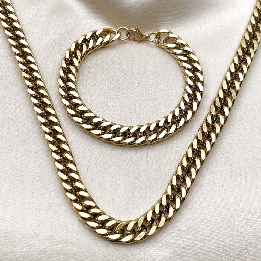 Stainless Steel Necklace and Bracelet, Miami Cuban Design, Polished, Golden Finish