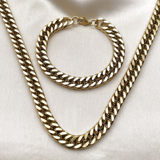 Stainless Steel Necklace and Bracelet, Miami Cuban Design, Polished, Golden Finish