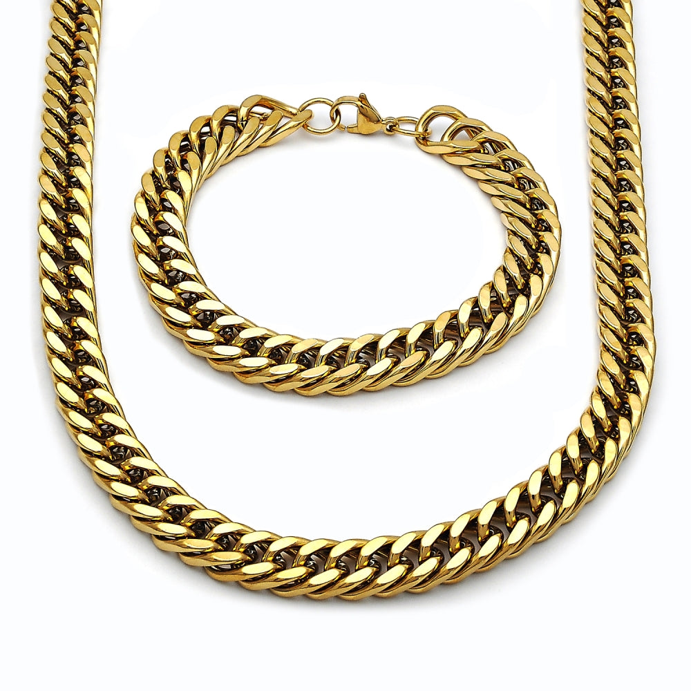 Stainless Steel Necklace and Bracelet, Miami Cuban Design, Polished, Golden Finish