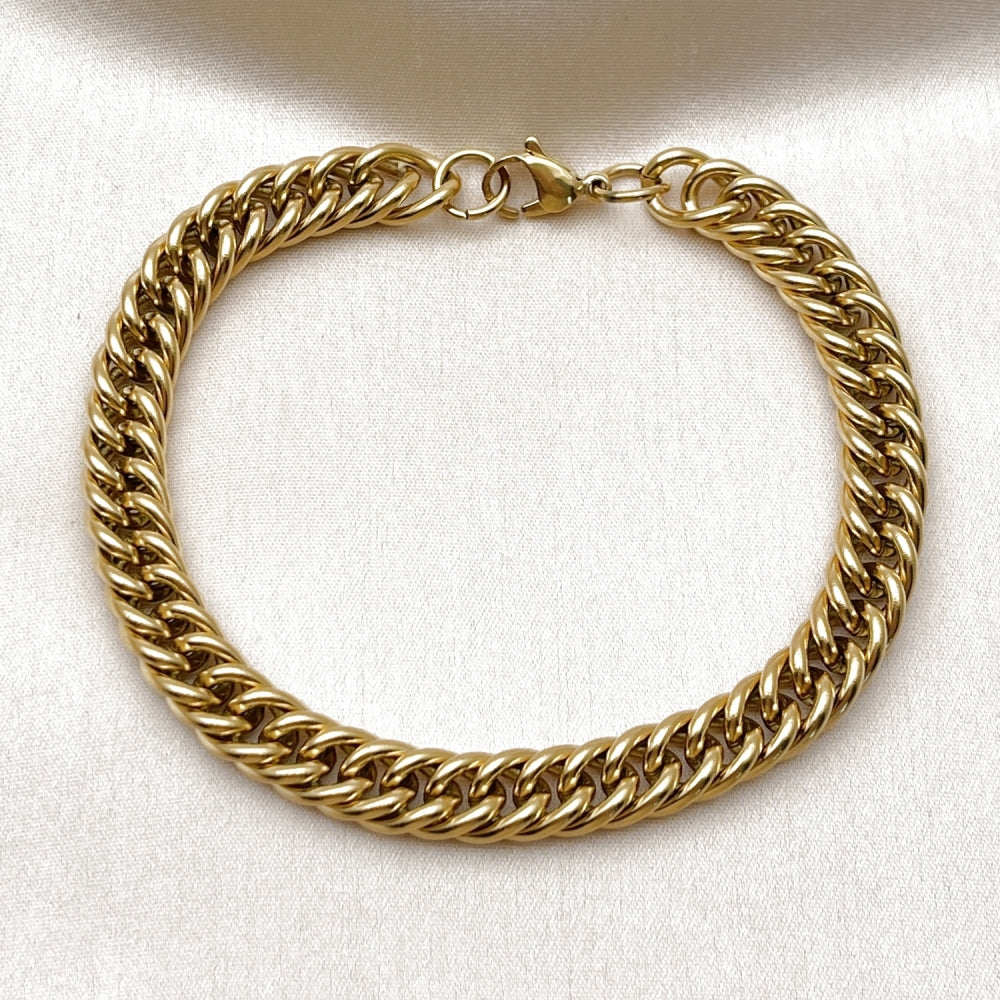 Stainless Steel Basic Bracelet, Miami Cuban Design, Polished, Golden Finish