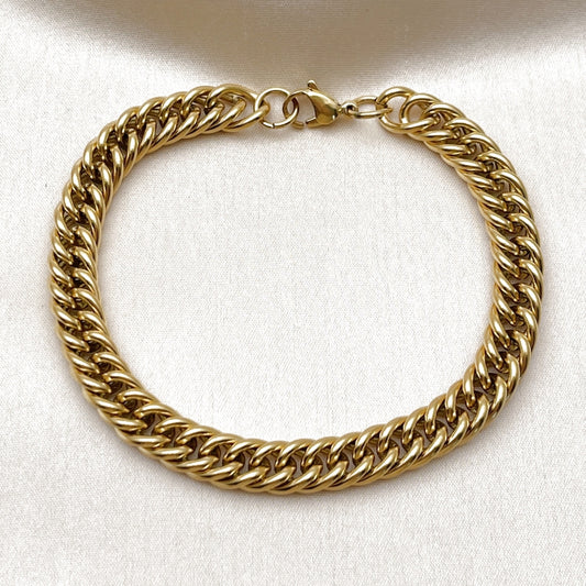 Stainless Steel Basic Bracelet, Miami Cuban Design, Polished, Golden Finish
