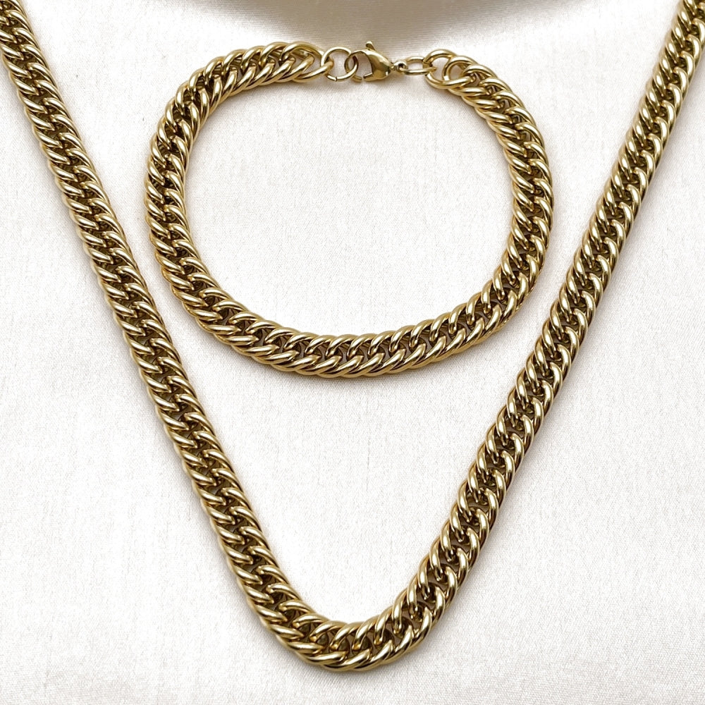 Stainless Steel Necklace and Bracelet, Miami Cuban Design, Polished, Golden Finish