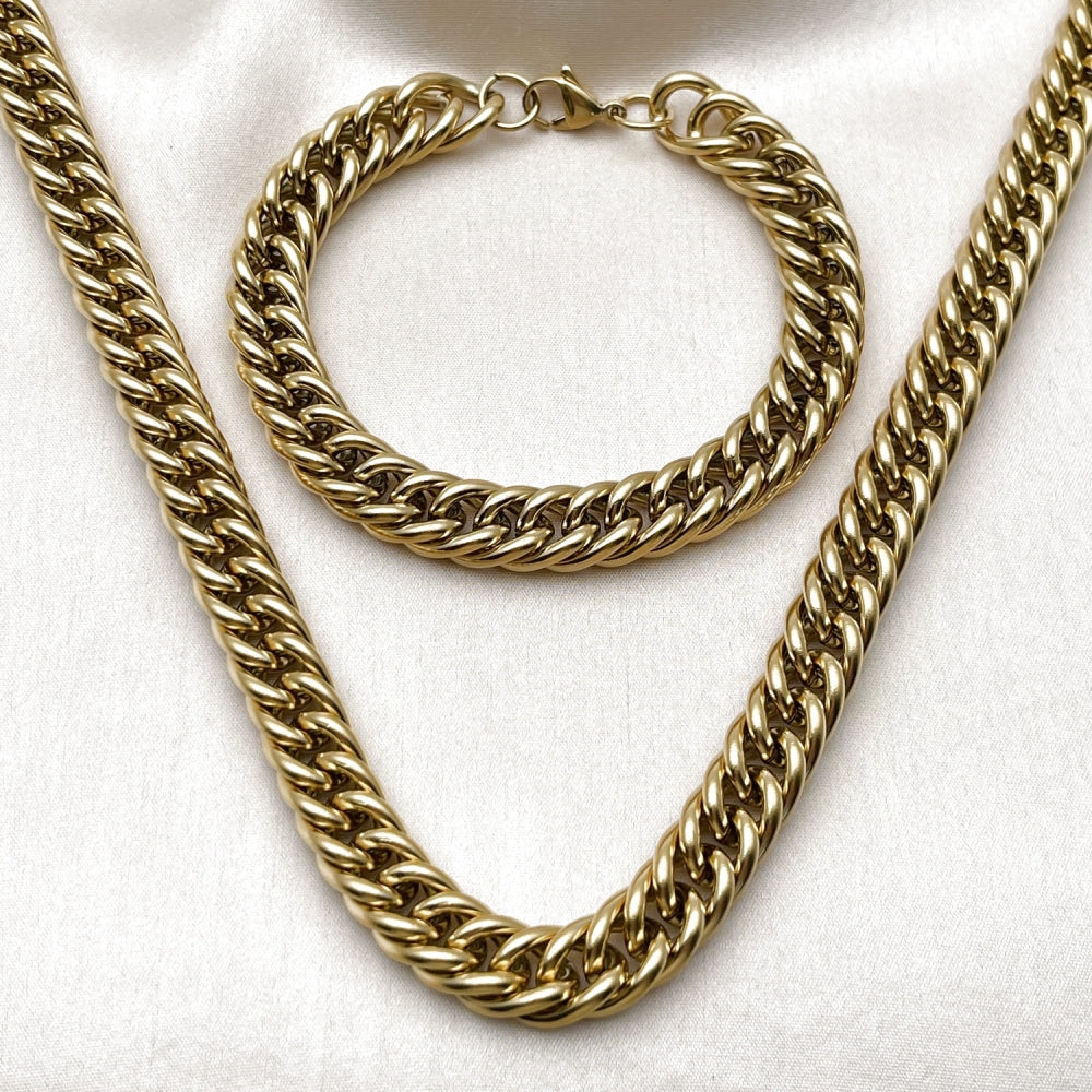 Stainless Steel Necklace and Bracelet, Miami Cuban Design, Polished, Golden Finish