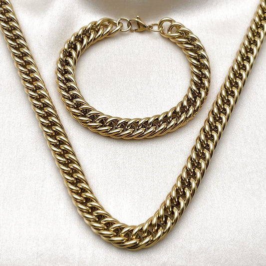 Stainless Steel Necklace and Bracelet, Miami Cuban Design, Polished, Golden Finish